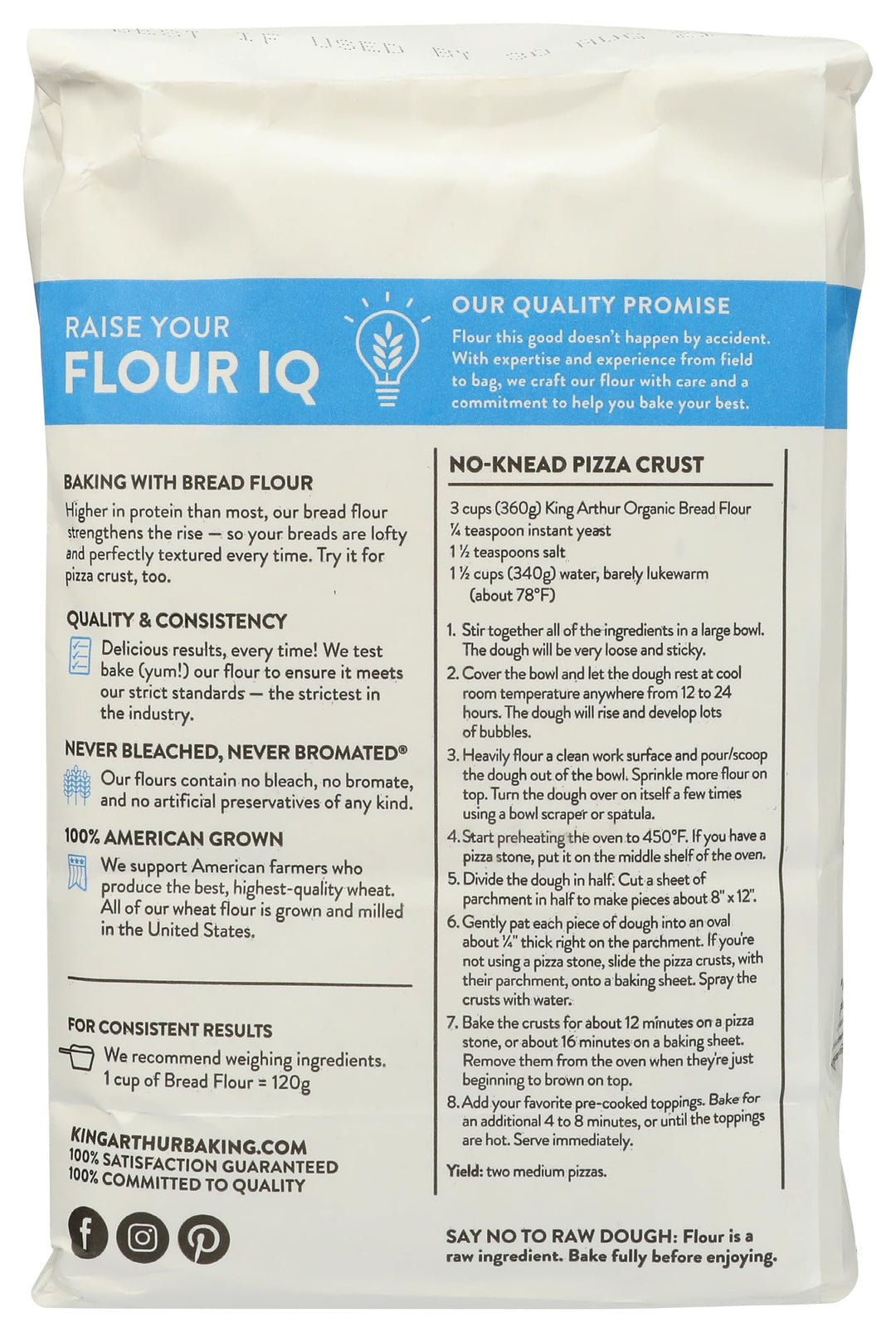 Bag of flour with a blue label and text on a white background