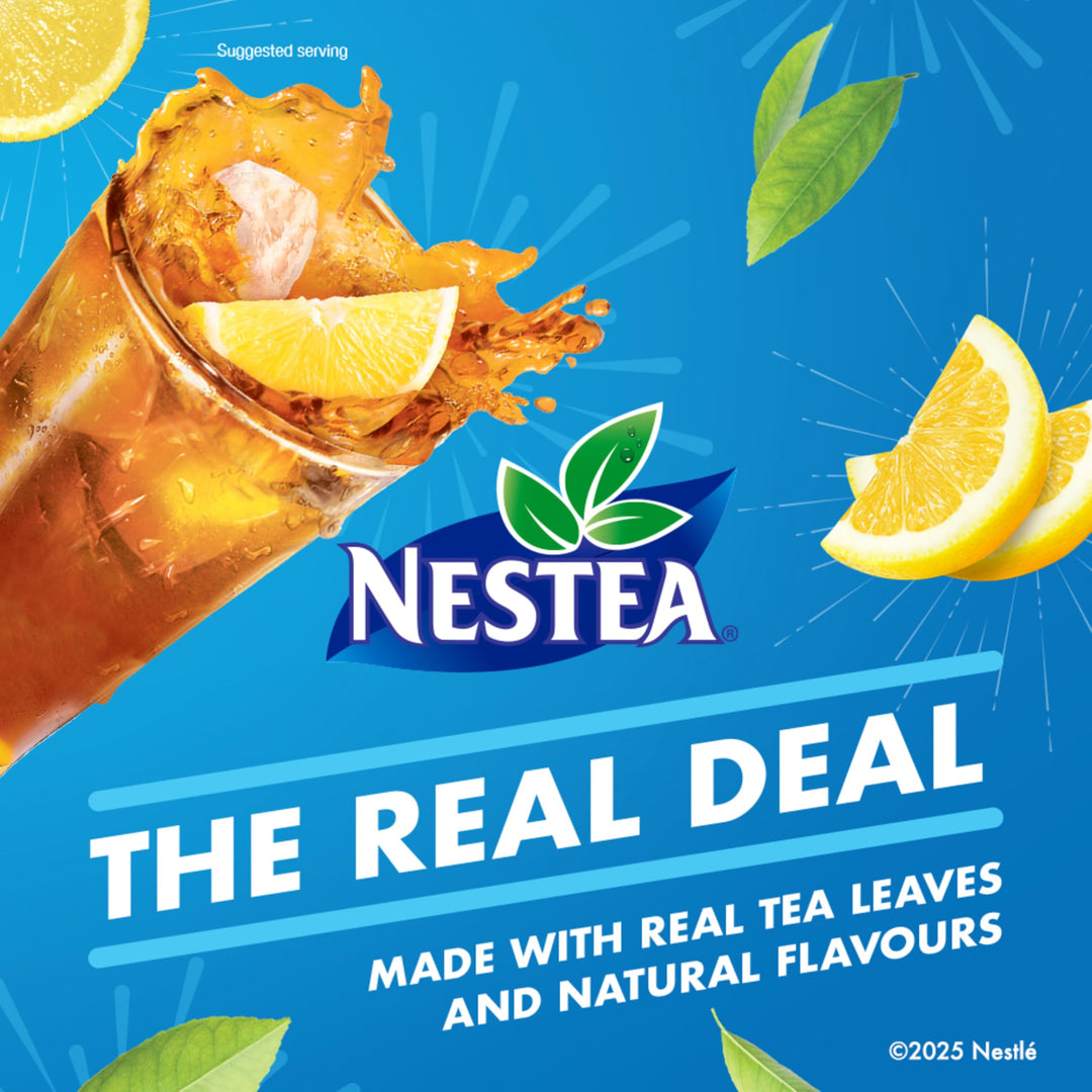 Nestea tea advertisement with lemon slices and leaves on a blue background