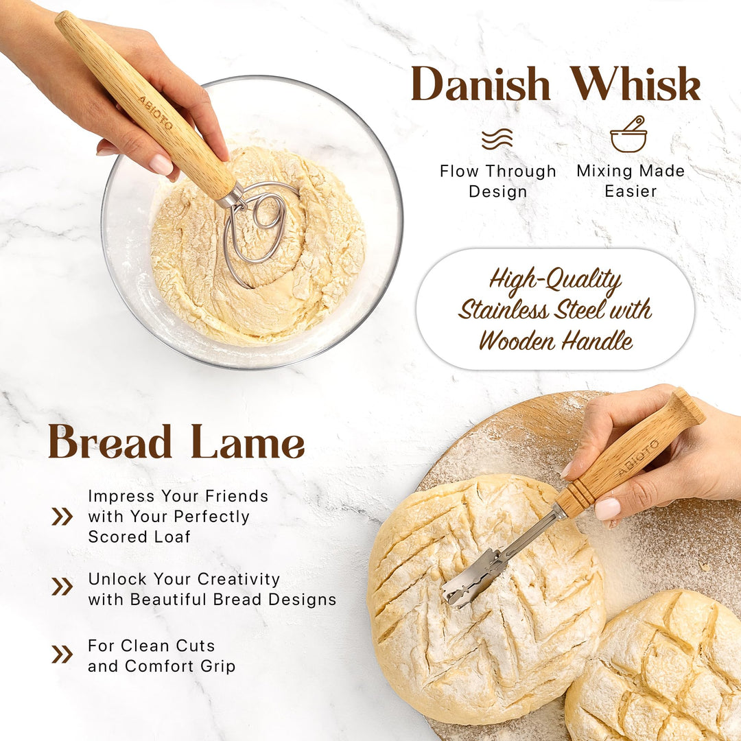 ABIOTO Sourdough Starter Kit - 9" Banneton Basket, 24oz Glass Jar & Complete Bread Baking Tools - Canadian Distribution - Ships Free Within Canada on Orders Above CAD $199