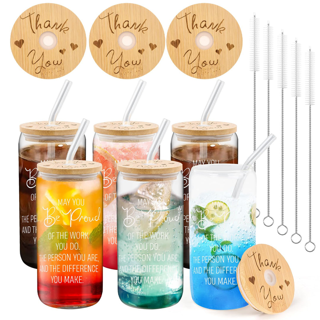 Thank You Gift - 6 Pack - Glass Cup with Bamboo Lids and Straws 16 oz - Gift Ideas - Business Gifts - Canadian Distribution