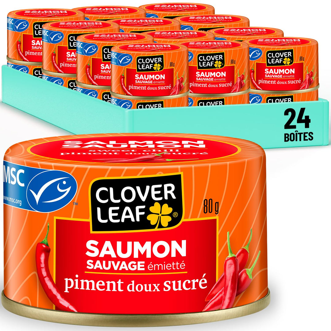 Clover Leaf Wild Flaked Salmon Sweet Chili, 80g, 24 Easy-Peel Cans - High Protein Canned Pink Salmon with Omega-3 & Vitamin D - Canadian Distribution - Ships Free Within Canada on Orders Above CAD $199