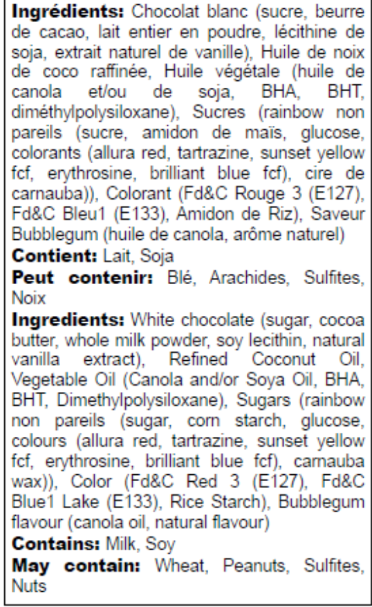 Ingredients list in English and French