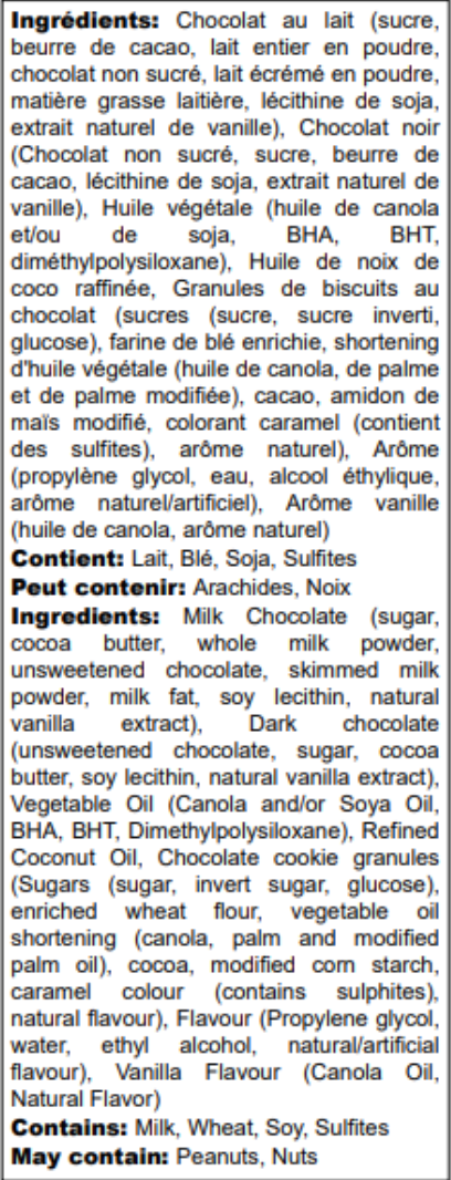 Ingredients list in English and French