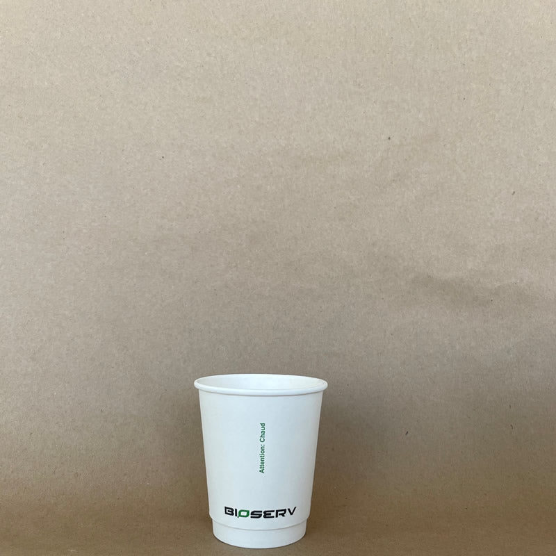White Bioserv Double Wall AG Hot Cup - 8/10/12/16 oz - 500cs BPI - Disposable Take Away Food Packaging - Canadian Distribution
