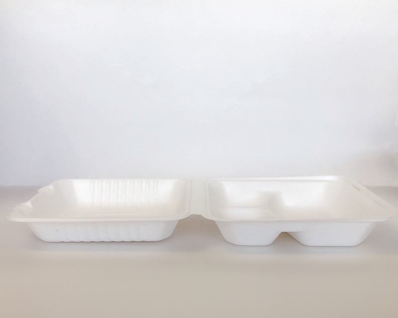 8" x 8" x 3" Sugarcane Clamshell 3 Compartment 200cs - Disposable Take Away Food Packaging - Canadian Distribution