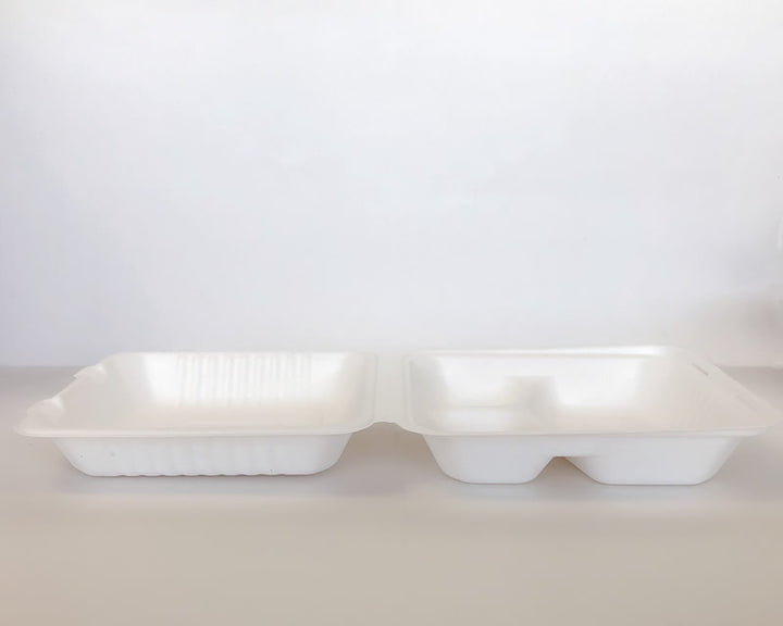8" x 8" x 3" Sugarcane Clamshell 3 Compartment 200cs - Disposable Take Away Food Packaging - Canadian Distribution