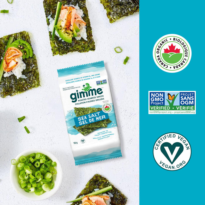 gimMe Organic Roasted Seaweed Snack - Sea Salt - 2 x 10g - Canadian Distribution - Ships Free Within Canada on Orders Above CAD $199
