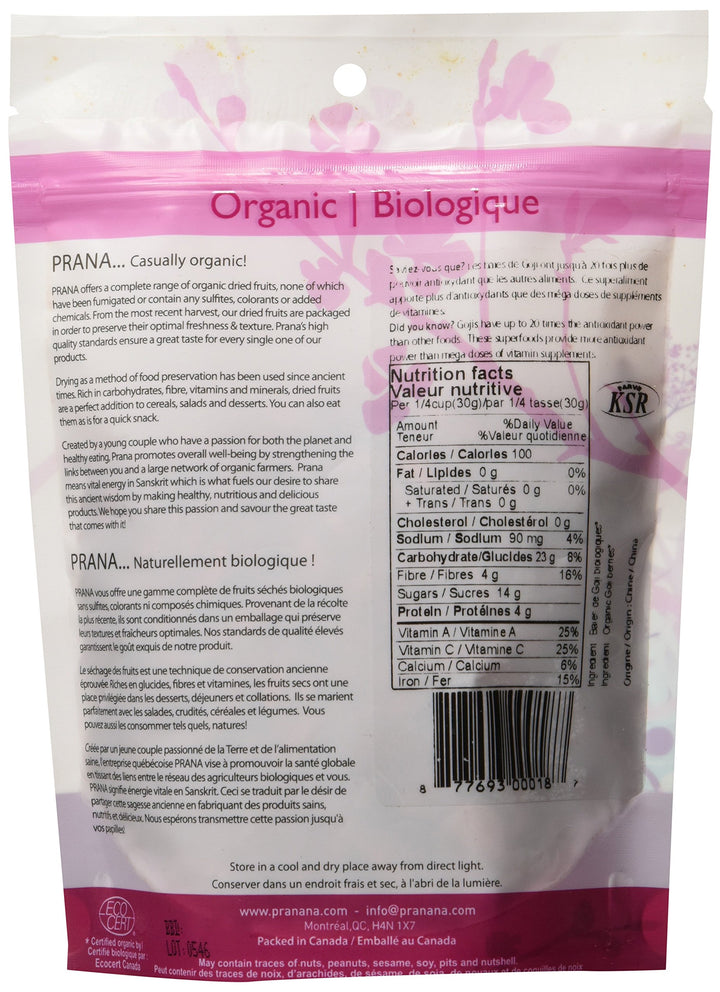 PRANA Organic Goji Berries – 2 x 200g - Canadian Distribution - Ships Free Within Canada on Orders Above CAD $199