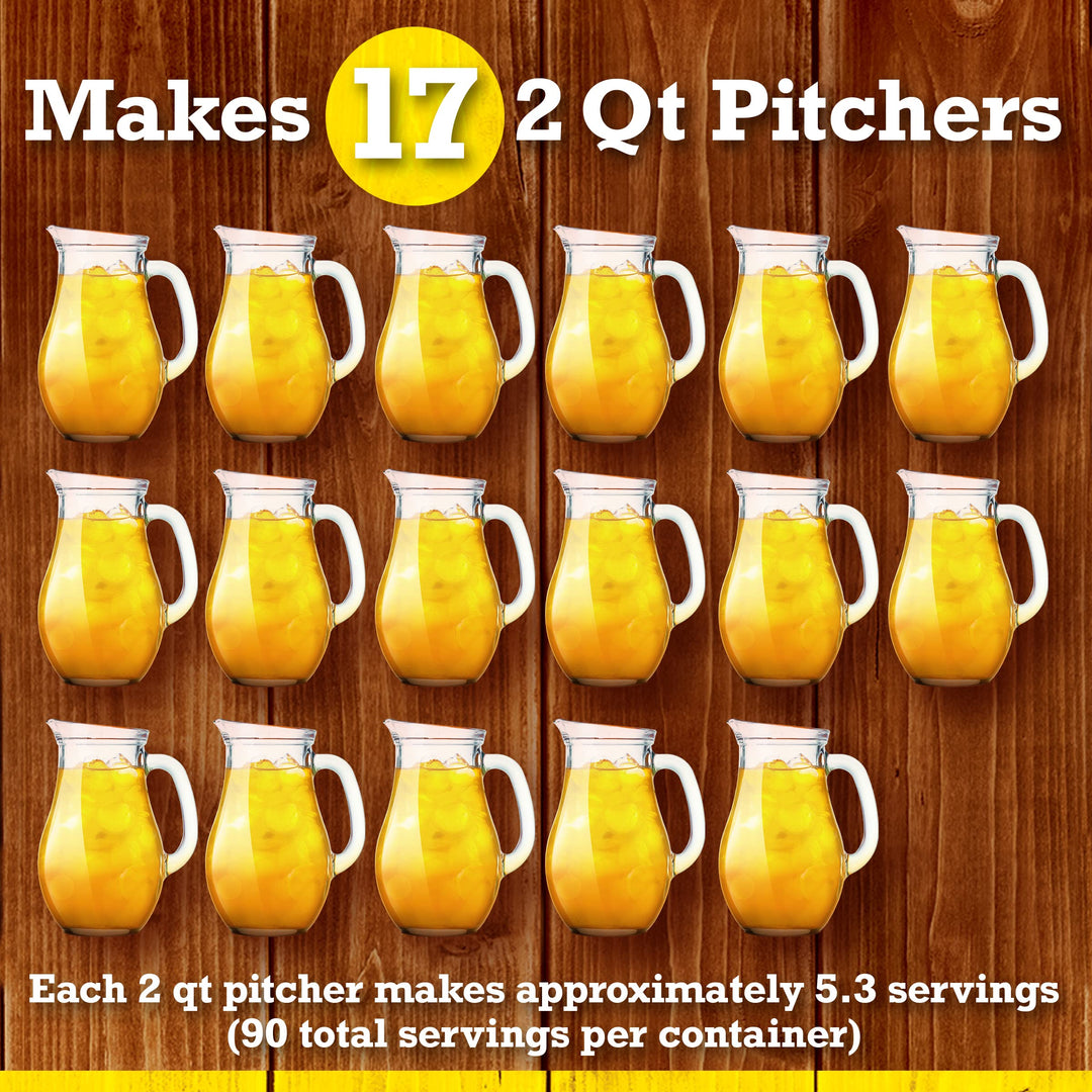 Glass pitchers filled with orange juice on a wooden background, showing capacity and servings of Lemonade.