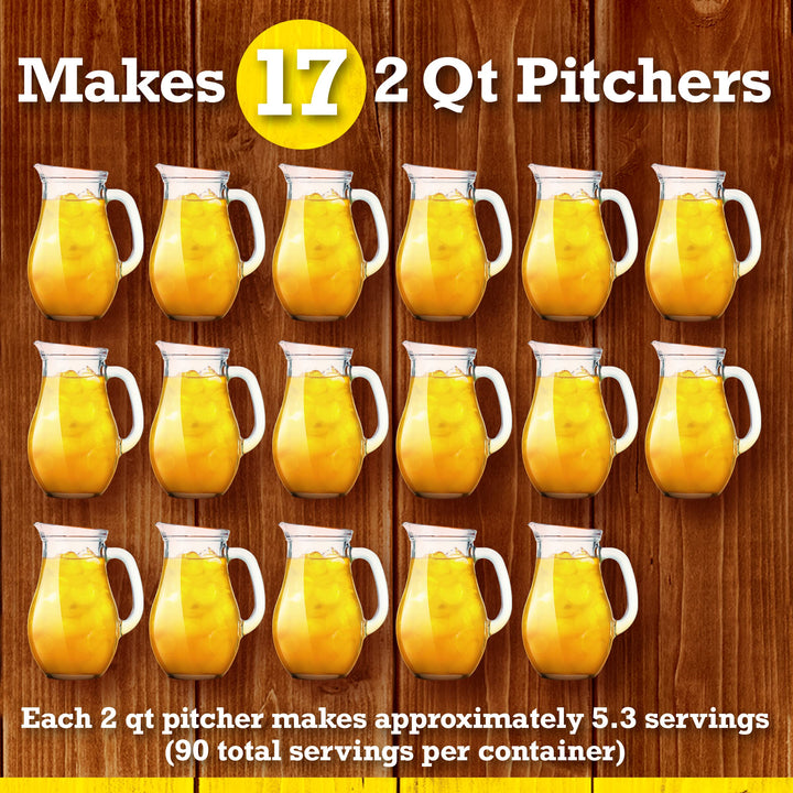 Glass pitchers filled with orange juice on a wooden background, showing capacity and servings of Lemonade.