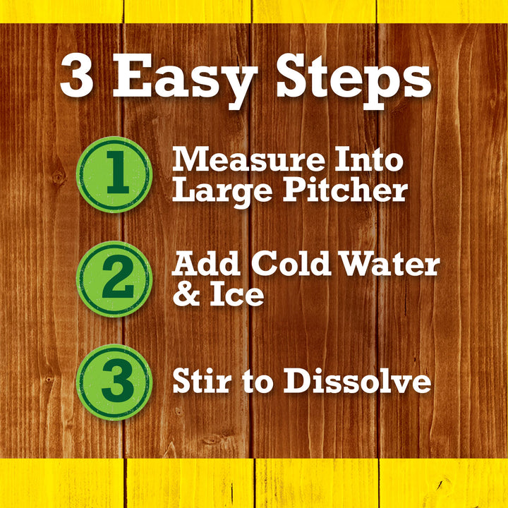 Wooden background with text and green circles indicating 3 easy steps Lemonade on a yellow border.