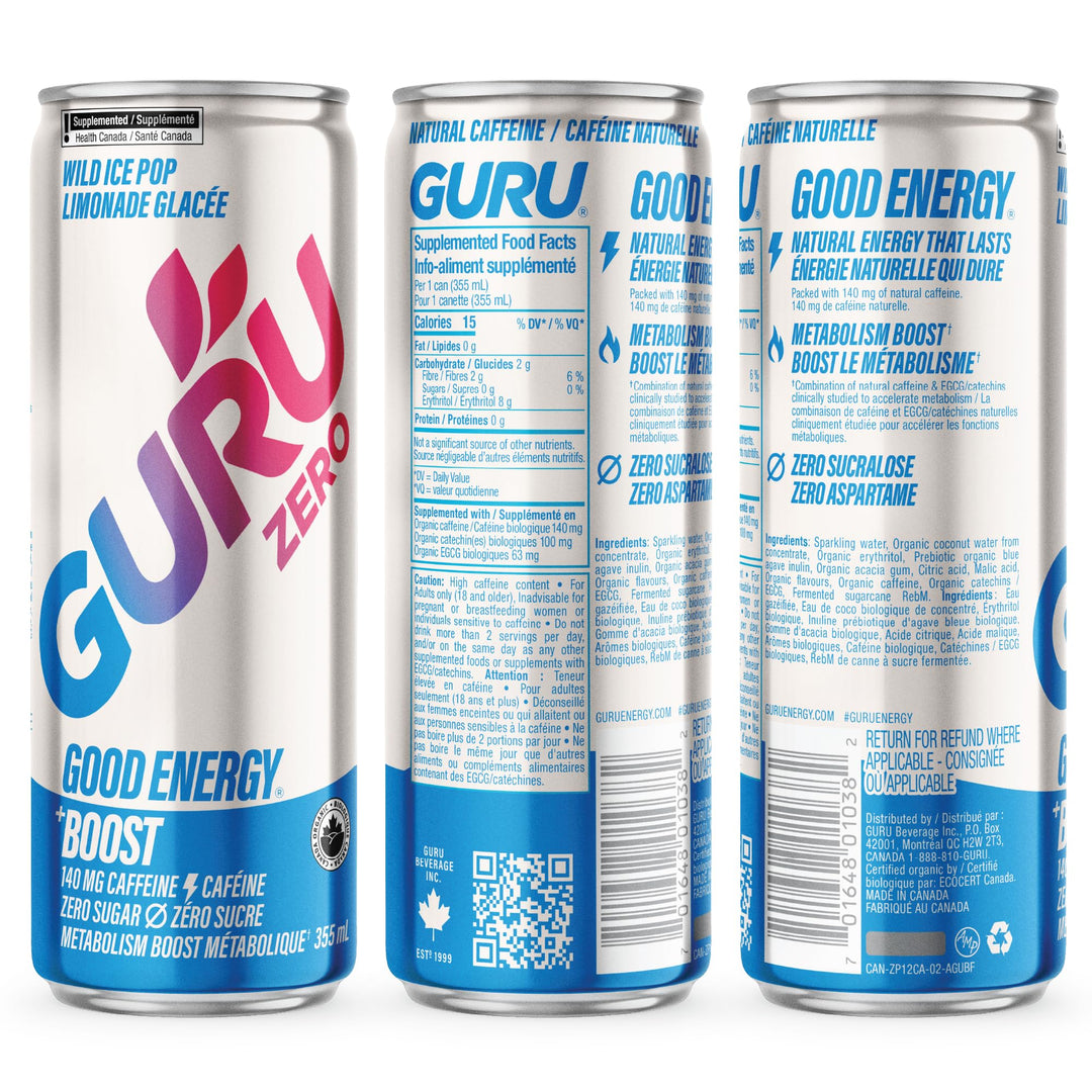 GURU – Zero Sucre Organic Energy Drink – Wild Ice Pop – 24 × 355mL – Zero sugar