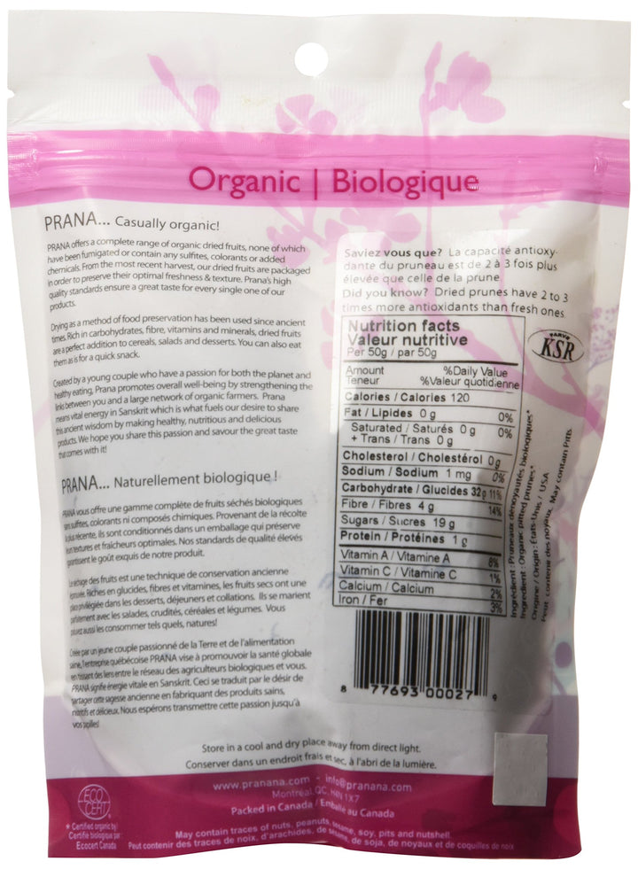 PRANA Organic Pitted Prunes, 2 x 250g - Canadian Distribution - Ships Free Within Canada on Orders Above CAD $199