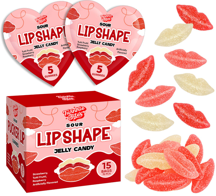 Coffret cadeau de 15 bonbons gélifiés acidulés pour la Saint-Valentin – Sachets en forme de cœur contenant 5 bonbons à lèvres chacun, saveurs fraise, framboise et tutti frutti