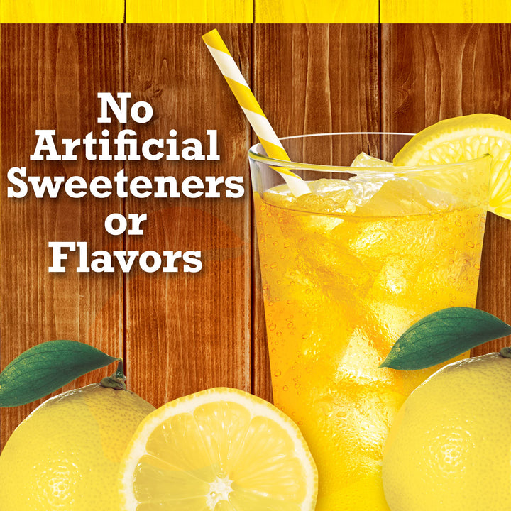 Glass of lemonade with ice and a straw, surrounded by lemons, on a wooden background with text about sweeteners and flavors.
