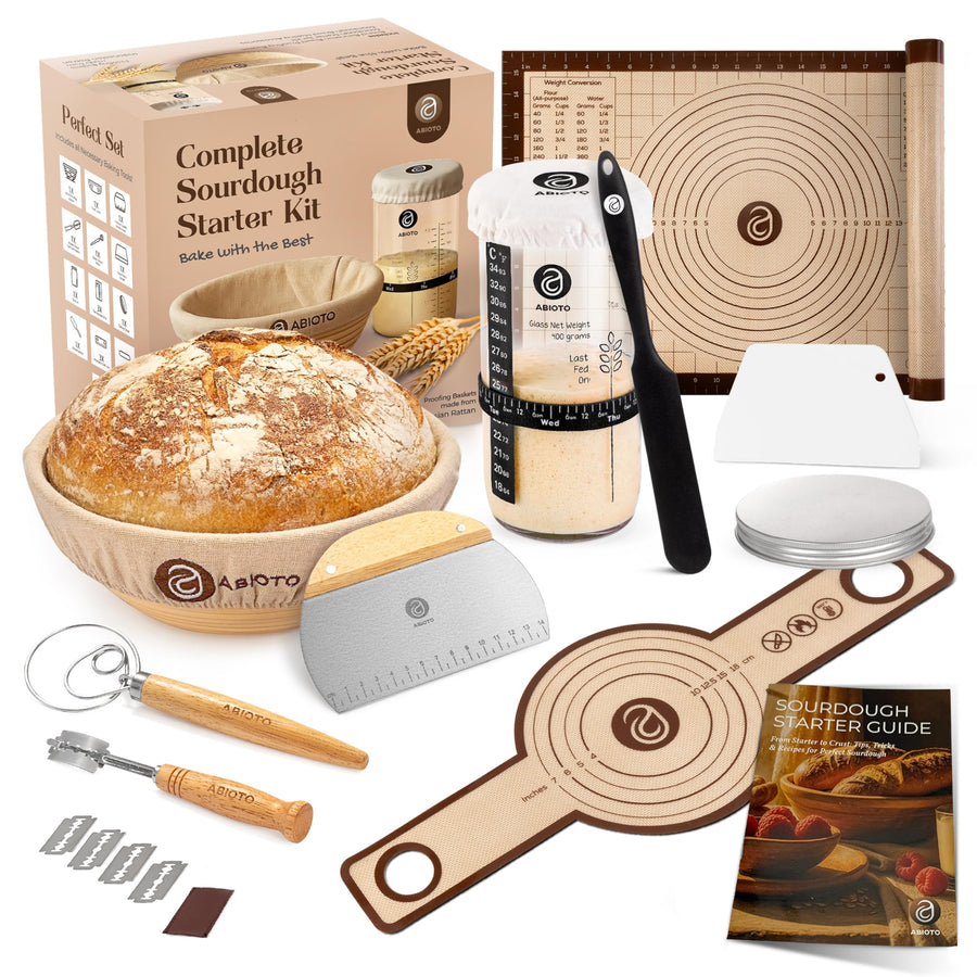 ABIOTO Sourdough Starter Kit - 9" Banneton Basket, 24oz Glass Jar & Complete Bread Baking Tools - Canadian Distribution - Ships Free Within Canada on Orders Above CAD $199