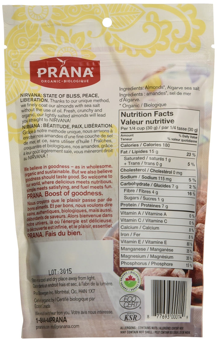 Prana Organic Nirvana Sea Salted Almonds – 2 x 150g - Canadian Distribution - Ships Free Within Canada on Orders Above CAD $199