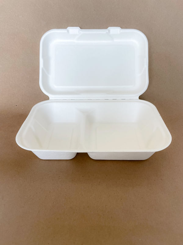 9" x 6" x 3" Sugarcane Clamshell 2 Compartment 250cs - Disposable Take Away Food Packaging - Canadian Distribution