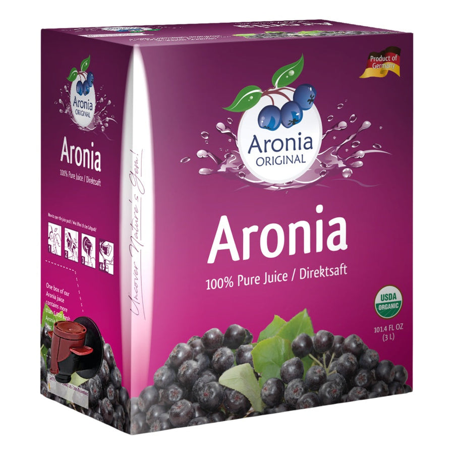 Aronia juice box with purple packaging and Aronia branding