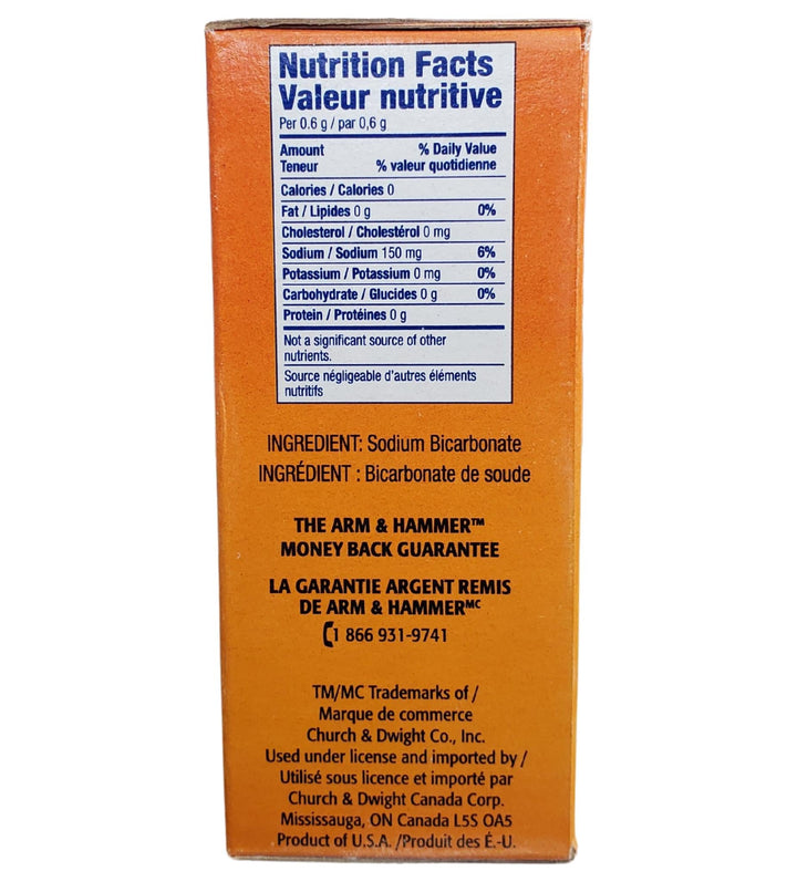 Nutrition facts label and ingredient list on a product box with Arm & Hammer branding.