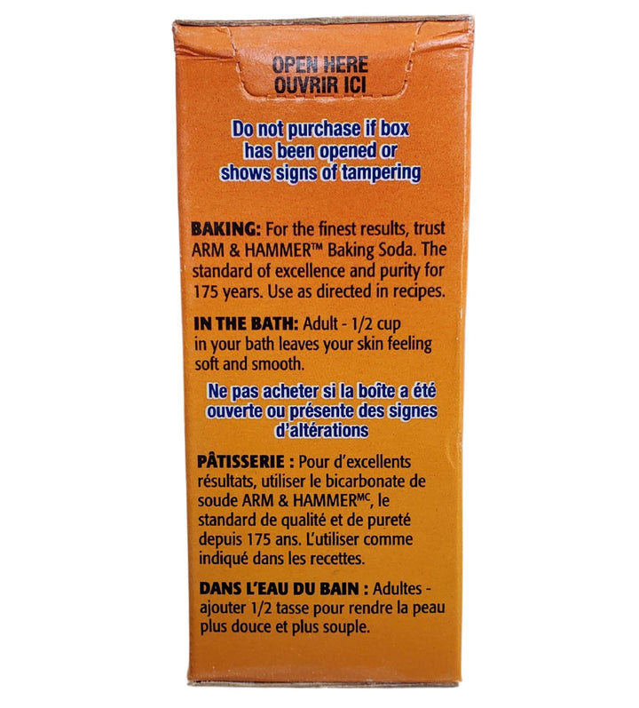 Arm & Hammer baking soda box with text on a white background
