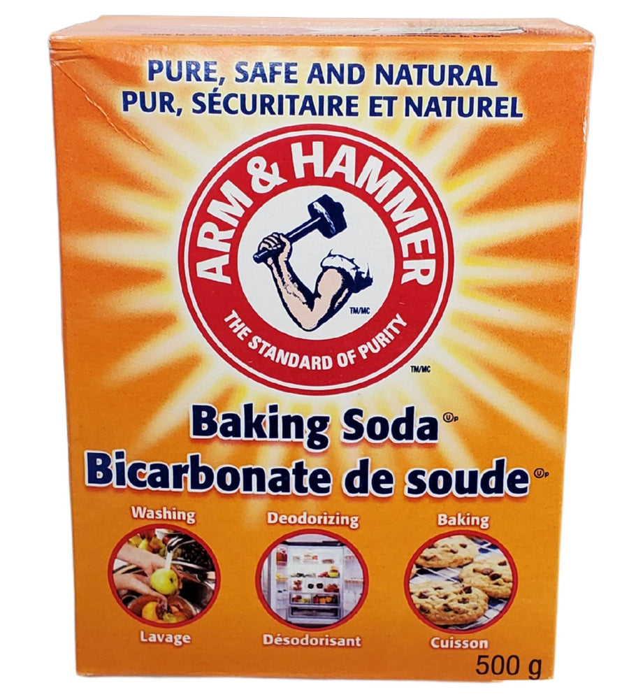 Box of Arm & Hammer baking soda with orange background and product details.
