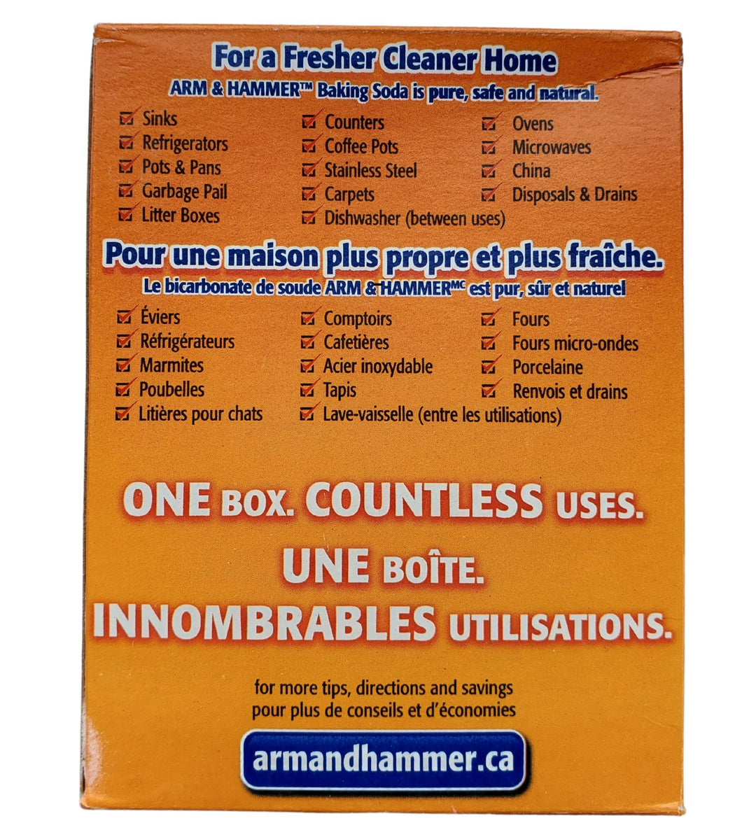 Arm & Hammer baking soda packaging with text on uses and Aramco logo.