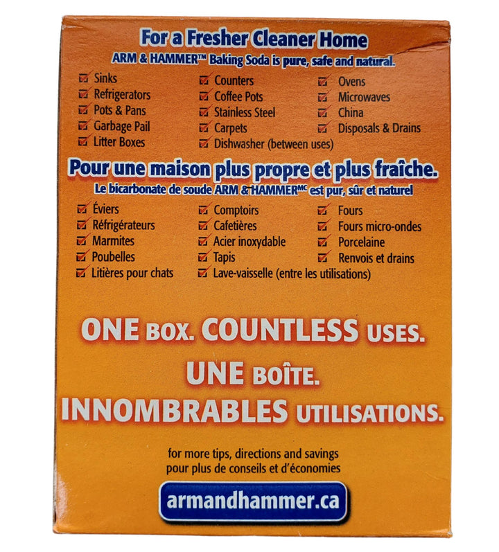 Arm & Hammer baking soda packaging with text on uses and Aramco logo.