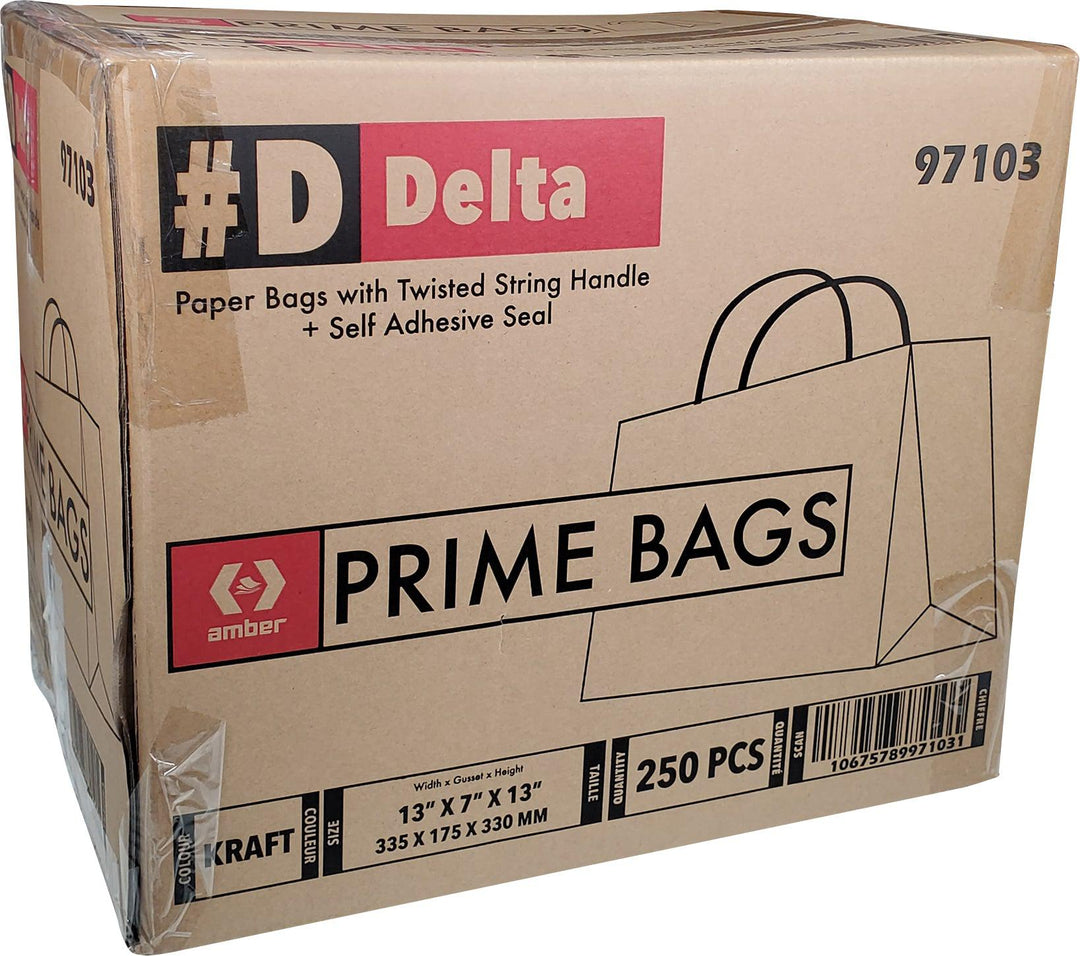 Prime Bags - Delta - Self Adhesive Paper Bags with Twisted Handles - 13x7x13