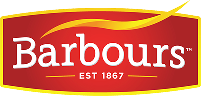 Barbours logo with red background and white text