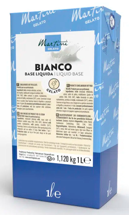 Pasteurized Liquid Base for Soft Serve Ice Cream and Gelato Making. White (Bianco) Base to prepare a White Fior di latte with a delicate vanilla note. Kosher, Halal, Gluten-Free, Vegetarian