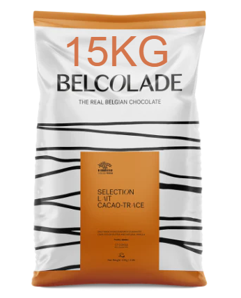 Bag of Belcolade chocolate with 15KG label on a white background