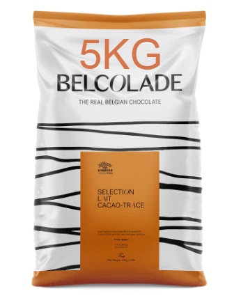 Belcolade chocolate packaging with '5KG' and 'The Real Belgian Chocolate' text on a white background.