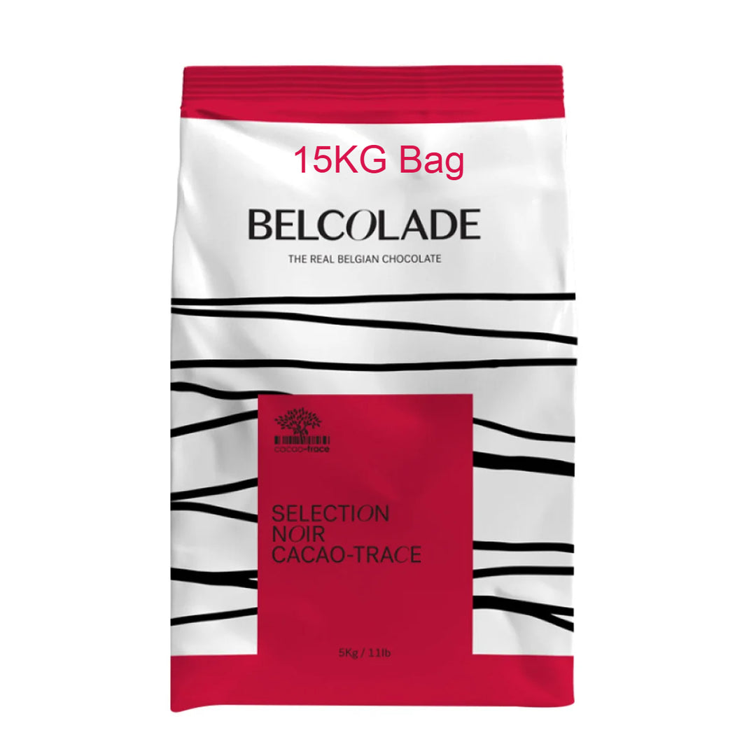 Belcolade chocolate 15 kg bag with red and white design on a white background