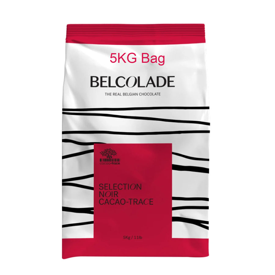 Belcolade chocolate 5kg bag with red and white design on a white background