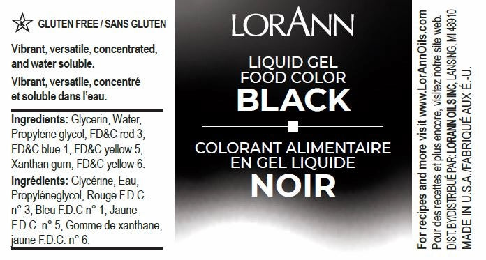 LorAnn Liquid Gel Food Color Black label with ingredients list on a white background
