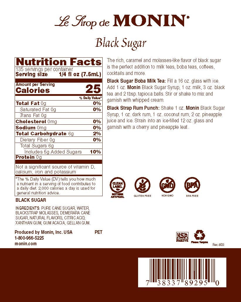Label Black Sugar Syrup - Monin - Premium Syrups and Flavourings - 4 x 1 L per case