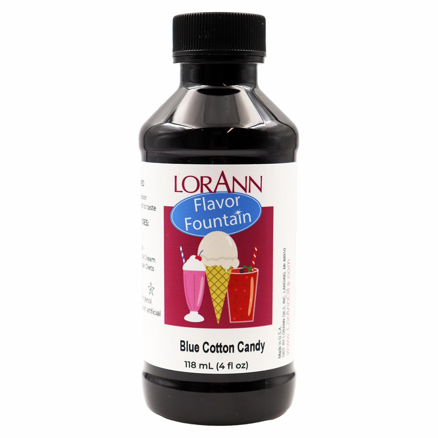Bottle of 4oz Lorann Flavor Fountain Blue Cotton Candy flavoring on a white background -  fun foods canada