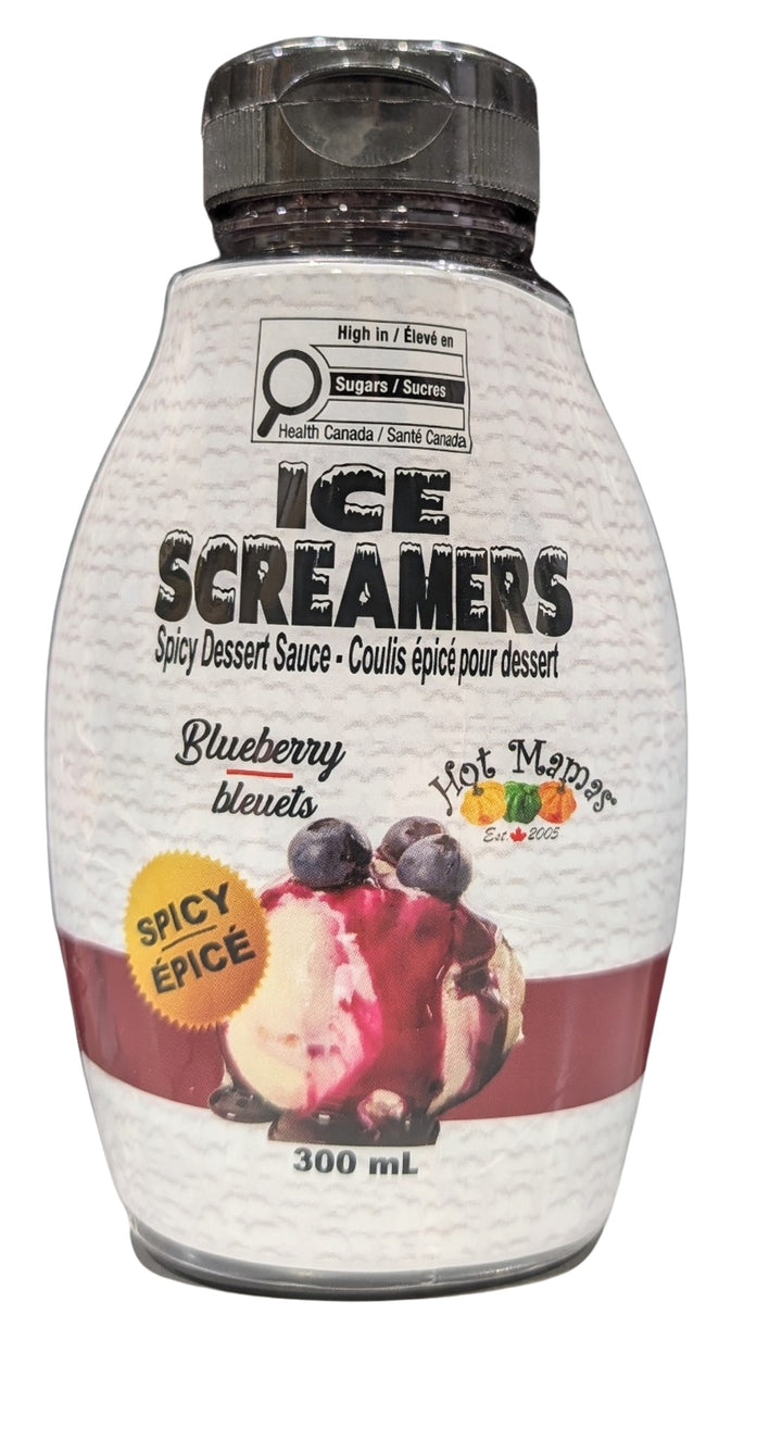 Bottle of Ice Screamers Spicy Dessert Sauce with blueberry flavor on a white background