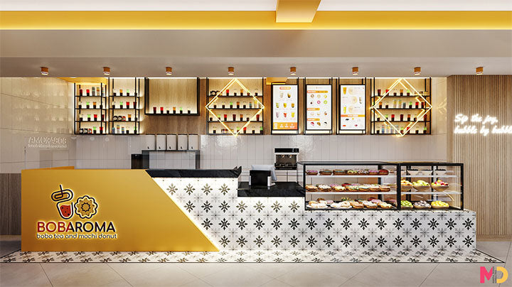 Modern cafe interior with a counter and shelves displaying products, featuring the Bobaroma logo by Fun Foods Canada