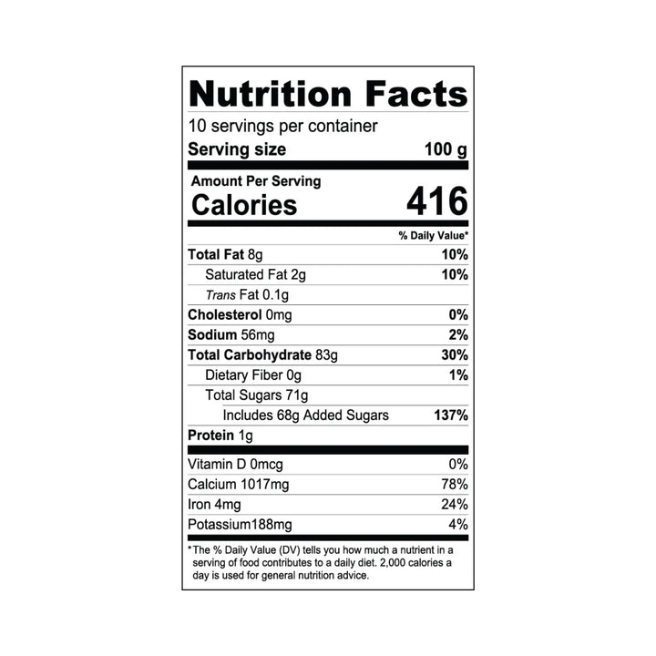 Nutrition facts label on a white background for pandan powder from bossen