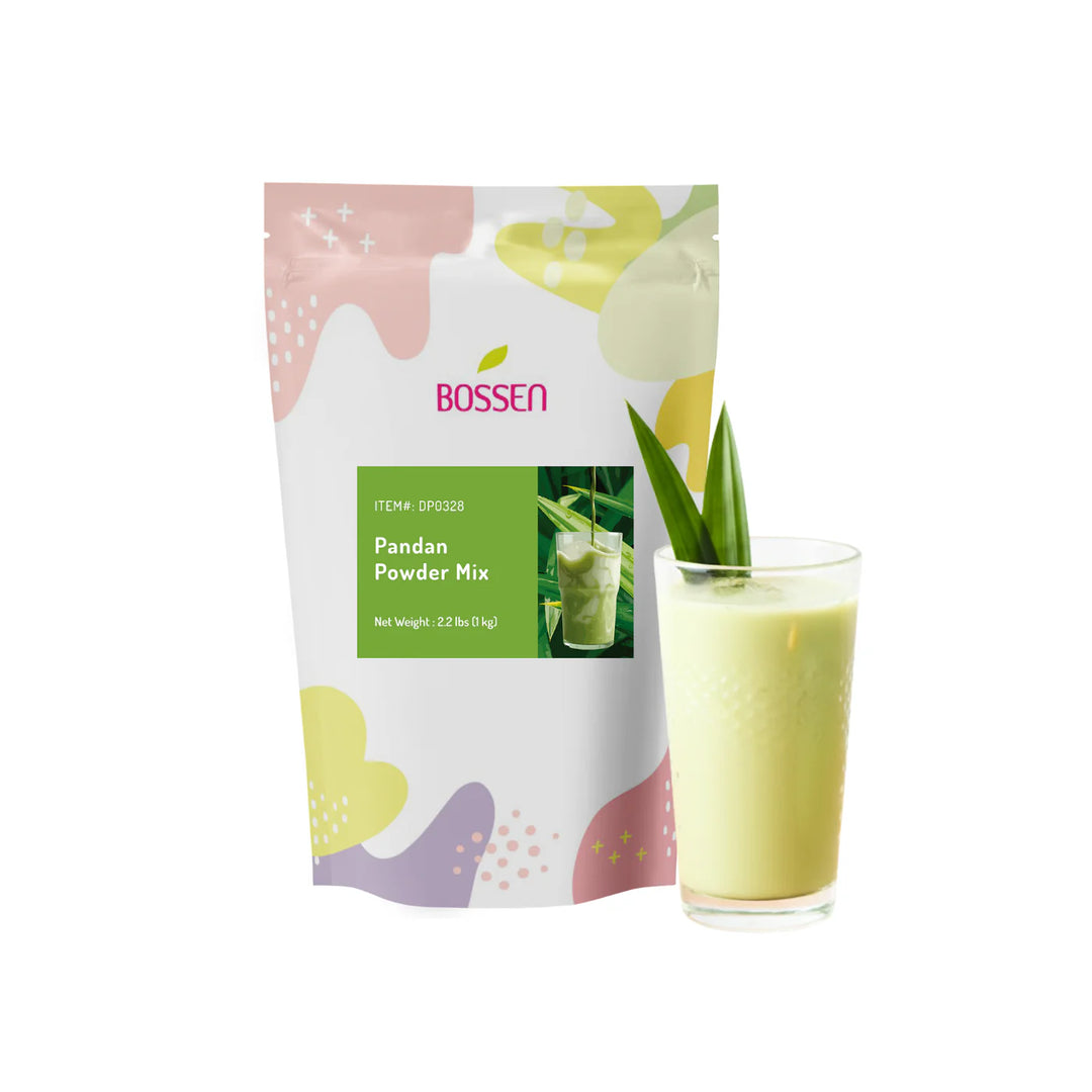 Bossen Pandan Powder Mix package with a glass of green drink on a white background