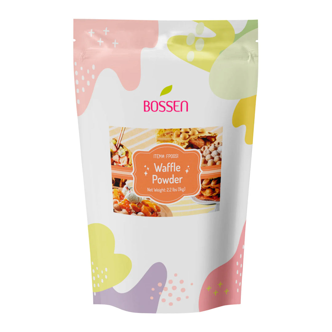 Bag of Bossen waffle powder with colorful design on a white background