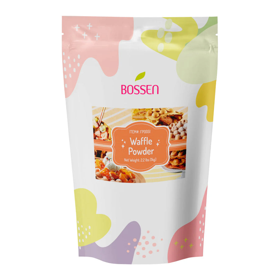 Bag of Bossen waffle powder with colorful design on a white background