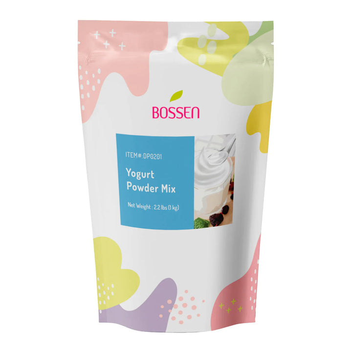 Packaging of Bossen Yogurt Powder Mix with colorful design on a white background