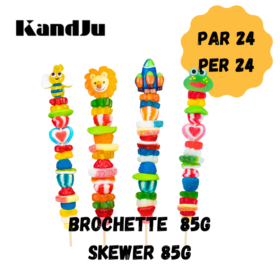 Colorful candy skewers with KandJu branding on a white background