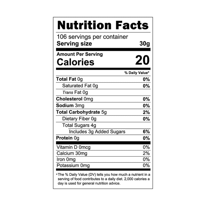 Nutrition facts label for a product with 106 servings per container and a serving size of 30g, displaying calories and nutritional content of sour blue raspberry boba