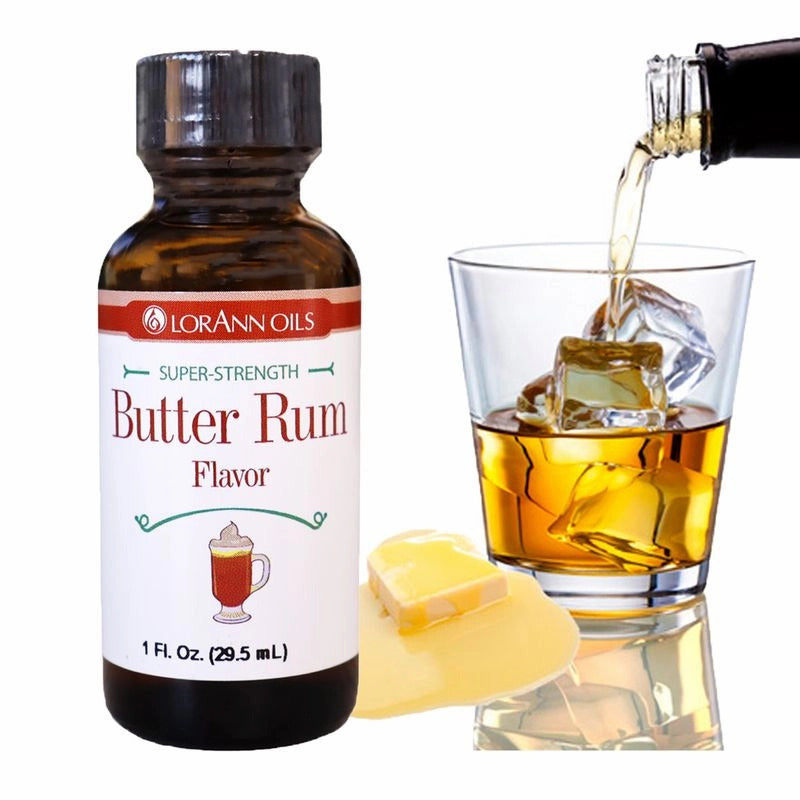 1 oz Bottle of LorAnn Oils Butter Rum flavor with a glass of butter rum being poured. - fun foods canada