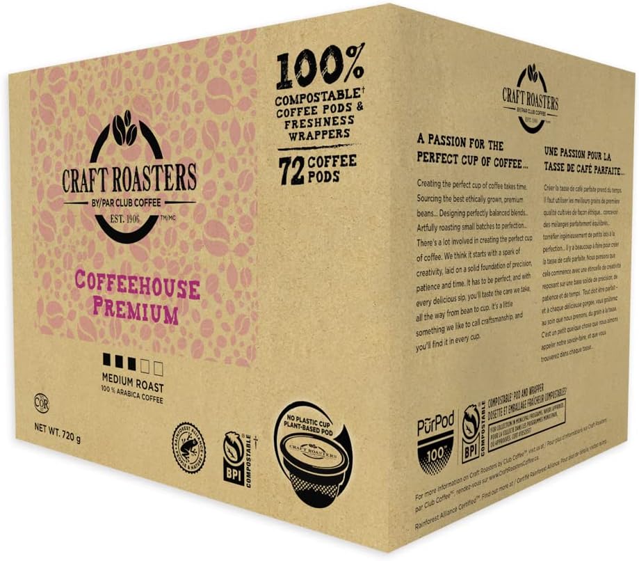 Club Coffee Craft Roasters | Coffeehouse Premium | Medium Roast Single Serve Coffee Pods | 72 Count | Compostable Coffee Pods | Keurig Brewer Compatible | Rainforest Alliance Certified