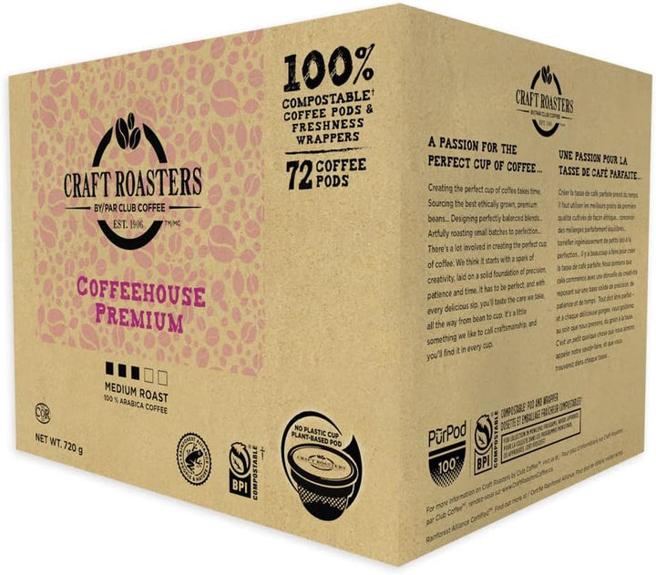 Club Coffee Craft Roasters | Coffeehouse Premium | Medium Roast Single Serve Coffee Pods | 72 Count | Compostable Coffee Pods | Keurig Brewer Compatible | Rainforest Alliance Certified